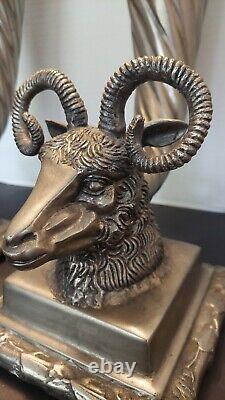 Vintage Pair of Rams Head Cornucopia Vases Metal, Heavy Over 30 lbs Large 14 H