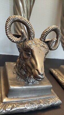 Vintage Pair of Rams Head Cornucopia Vases Metal, Heavy Over 30 lbs Large 14 H