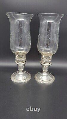 Vintage Pair of Rogers Weighted Sterling Candleholders with Etched Glass Hurricane