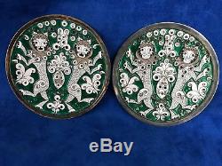 Vintage Pair of Russian Marked 916 Silver enameled Plates Dancing Lions