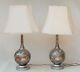 Vintage Pair Of Silver/grey Over Red Decoupage Glass Transfer Table Lamps C1960s
