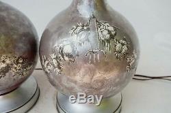 Vintage Pair of Silver/Grey Over Red Decoupage Glass Transfer Table Lamps c1960s