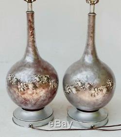 Vintage Pair of Silver/Grey Over Red Decoupage Glass Transfer Table Lamps c1960s