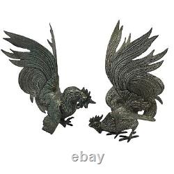 Vintage Pair of Silver Plate Metal Fighting Cocks Roosters Figurines 12 x 8