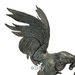 Vintage Pair of Silver Plate Metal Fighting Cocks Roosters Figurines 12 x 8