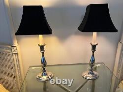 Vintage Pair of Silver Plated Candlestick Lamps with Shades