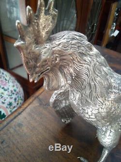 Vintage Pair of Solid sterling silver Sculptures Representing a Rooster Fight
