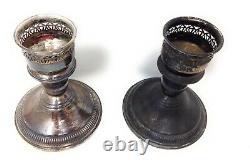 Vintage Pair of Sterling Silver Weighted Candle Holders with Floral Etched Glass
