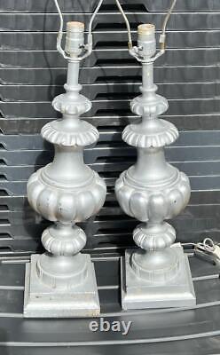 Vintage Pair of Two Carved Wood Wooden Italian Urn Lamps MCM Mid Century Modern