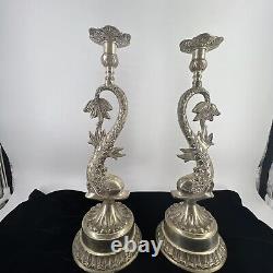 Vintage Pair of Two Silver Ornate Candle Stick Holders Dophin Koi Altar 16