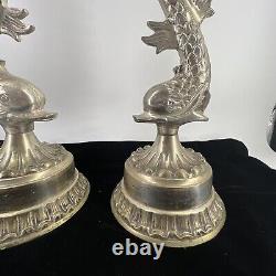 Vintage Pair of Two Silver Ornate Candle Stick Holders Dophin Koi Altar 16