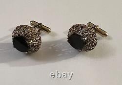 Vintage Pair of Woven Sterling Silver Onyx Textured Oval Shape Cufflinks