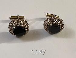 Vintage Pair of Woven Sterling Silver Onyx Textured Oval Shape Cufflinks