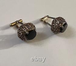 Vintage Pair of Woven Sterling Silver Onyx Textured Oval Shape Cufflinks