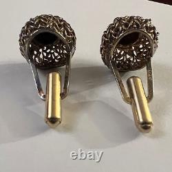 Vintage Pair of Woven Sterling Silver Onyx Textured Oval Shape Cufflinks