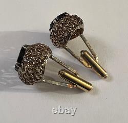 Vintage Pair of Woven Sterling Silver Onyx Textured Oval Shape Cufflinks