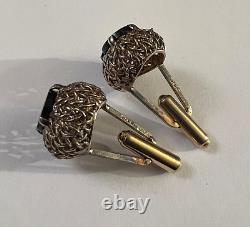 Vintage Pair of Woven Sterling Silver Onyx Textured Oval Shape Cufflinks