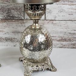Vintage Pair of silver mirrored Glass Hurricane Gone with the Wind Table Lamps
