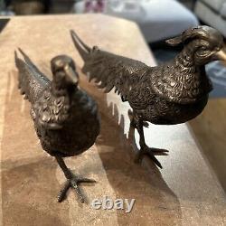Vintage Pheasant Figurines MADE IN ITALY Silver Plate Pair Male Female Italian