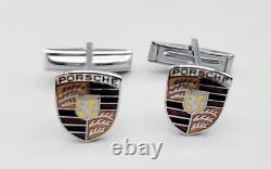 Vintage Porsche Stuttgart Cufflinks Pair Silver Tone Metal Enamel, Unmarked