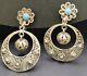 Vintage Portugese Cannetille Earrings Vermeil 833 Silver Hoop Turquoise Flower