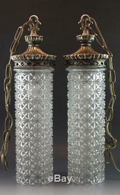 Vintage Pr Cornell Crystal Glass Cylinder & Silvered Metal Hall Pendant Lights