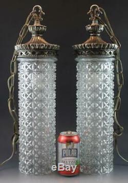 Vintage Pr Cornell Crystal Glass Cylinder & Silvered Metal Hall Pendant Lights