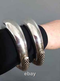 Vintage Rare Pair Ethnic Tribal Old 925 Sterling Silver Bracelet/Bangle Jewelry