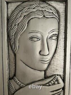 Vintage Rare Pair Of Art Deco Silver Finish Carved Wood Panels Women's Portraits