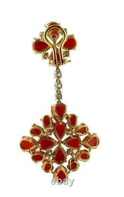 Vintage Red Coral &Diamond 18K Yellow Gold Over Drop Dangle Earrings For Women's