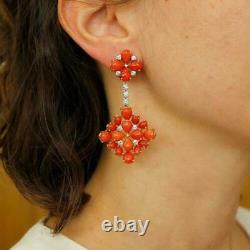 Vintage Red Coral &Diamond 18K Yellow Gold Over Drop Dangle Earrings For Women's