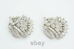Vintage Rhinestone Silver Tone Pair of Flower Fur Clips or Brooches