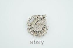 Vintage Rhinestone Silver Tone Pair of Flower Fur Clips or Brooches