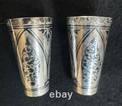 Vintage Russian Soviet 875 Silver Niello Pair of Vodka Shot Glasses