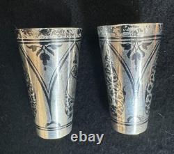 Vintage Russian Soviet 875 Silver Niello Pair of Vodka Shot Glasses