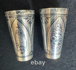 Vintage Russian Soviet 875 Silver Niello Pair of Vodka Shot Glasses