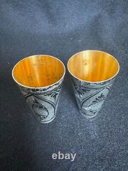 Vintage Russian Soviet 875 Silver Niello Pair of Vodka Shot Glasses