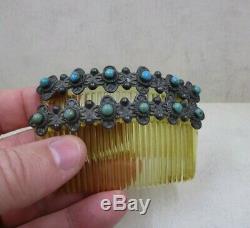 Vintage STERLING SILVER 925 Green Blue Turquoise Accent Pair of Hair Combs 31