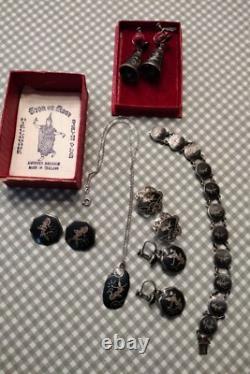 Vintage Siam 925 Sterling Silver Niello Jewelry Lot 6 Pieces Bells Original Box