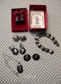 Vintage Siam 925 Sterling Silver Niello Jewelry Lot 6 Pieces Bells Original Box