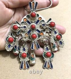 Vintage Silver Moroccan Berber Fibula Pair Enamel 3x3.5 Ethnic Pin Jewelry