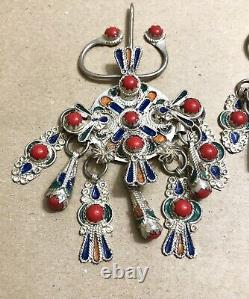 Vintage Silver Moroccan Berber Fibula Pin Pair Enamel 3x3.5 Ethnic Jewelry
