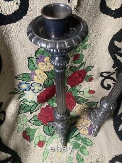 Vintage Silver Plated Pair Large Ornate Candlesticks Candle Holders Tall Column