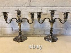 Vintage Silverplate Triple Bouillotte Pair of Candle Holders with Octagonal Base