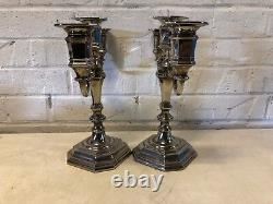 Vintage Silverplate Triple Bouillotte Pair of Candle Holders with Octagonal Base
