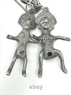 Vintage Solid Silver Aztec Fertility Erotic Couple Pendant & Chain 41.7g