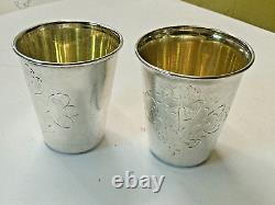 Vintage Soviet Russian Hand Etched Silver 875 Pair of Vine & Vodka Cups