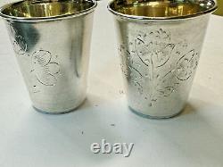 Vintage Soviet Russian Hand Etched Silver 875 Pair of Vine & Vodka Cups