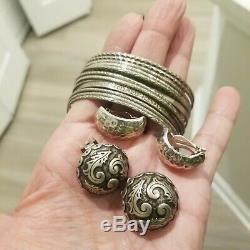 Vintage Sterling Silver 925 2 Pairs Mexico Earrings N & H 14 Bangle Bracelets