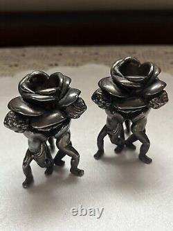 Vintage Sterling Silver 925 Cherub Angel Putti Rose Candle Holders Pair Fabulous